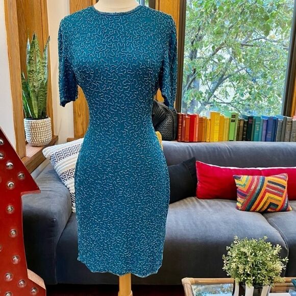 Vintage 100% Silk Peacock Teal Beaded Cocktail Dress - Picture 8 of 13